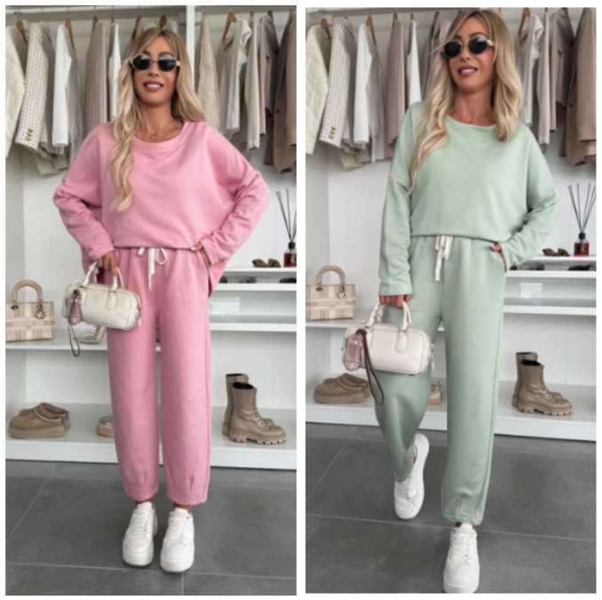 Solid Color Round Neck Top & Loose Pants 2-PCS