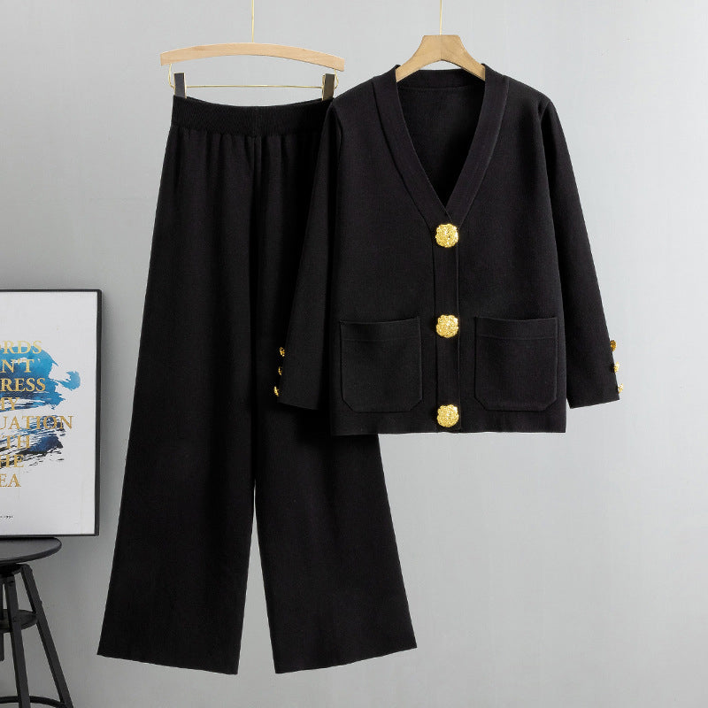 Women's Button Sweater & Wide-Leg Pants 2-Piece Set