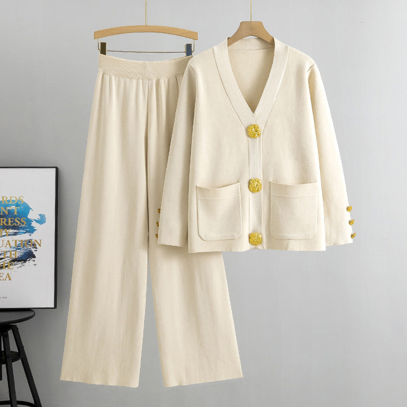 Women's Button Sweater & Wide-Leg Pants 2-Piece Set