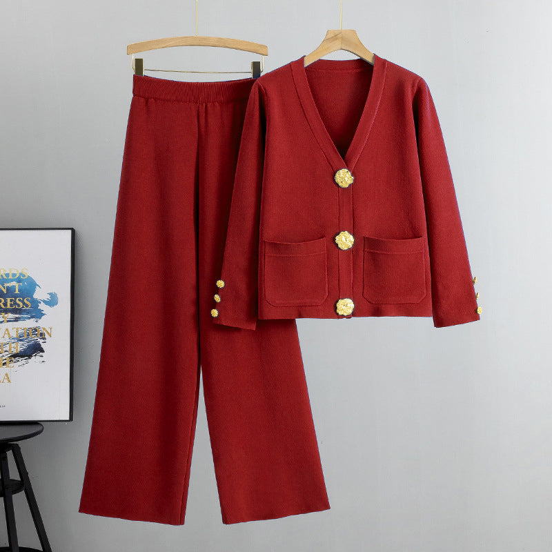 Women's Button Sweater & Wide-Leg Pants 2-Piece Set