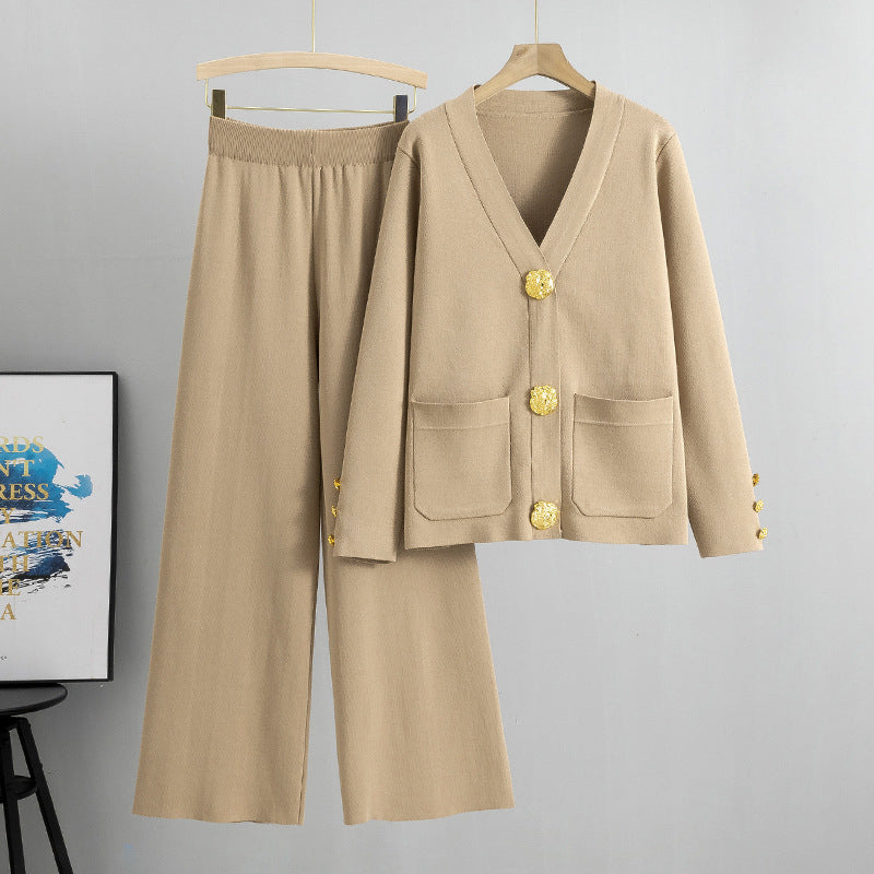 Women's Button Sweater & Wide-Leg Pants 2-Piece Set