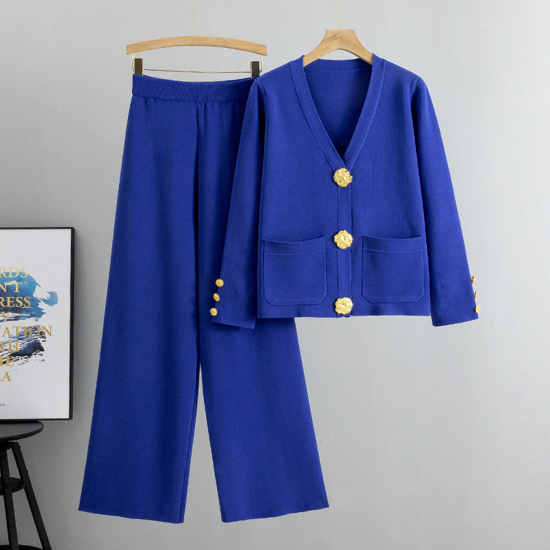 Women's Button Sweater & Wide-Leg Pants 2-Piece Set