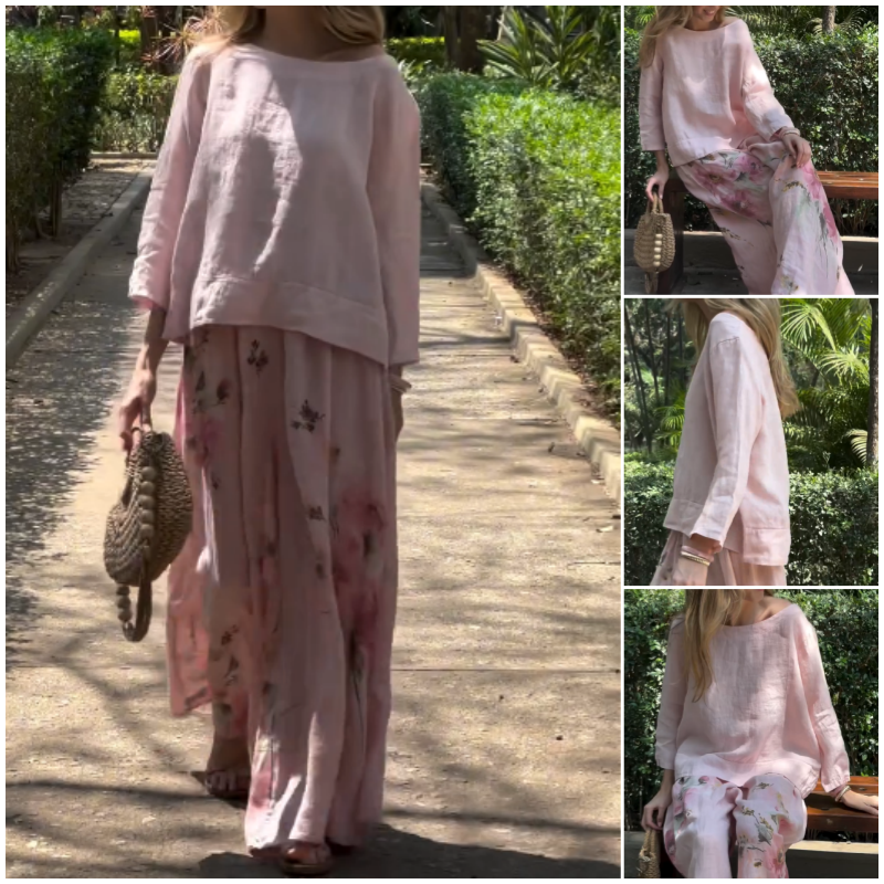 Solid Tops & Floral Wide-Leg Pants Two-Piece Set