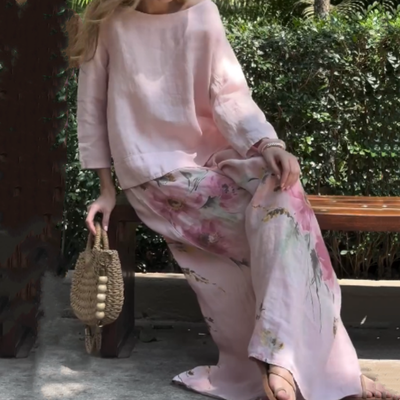 Solid Tops & Floral Wide-Leg Pants Two-Piece Set