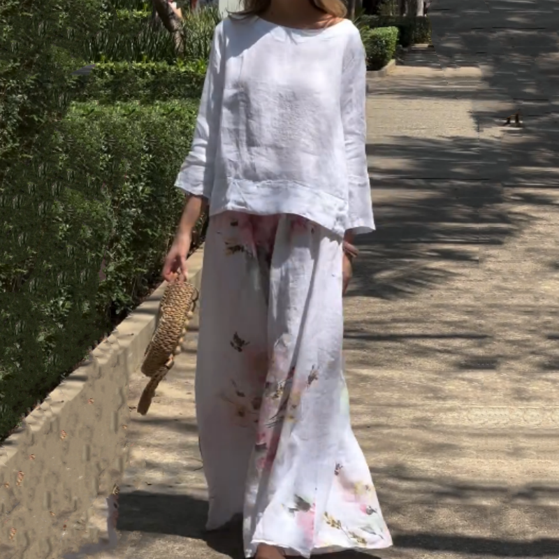 Solid Tops & Floral Wide-Leg Pants Two-Piece Set