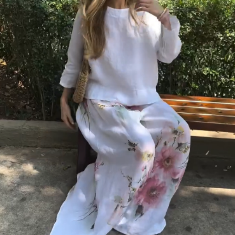 Solid Tops & Floral Wide-Leg Pants Two-Piece Set