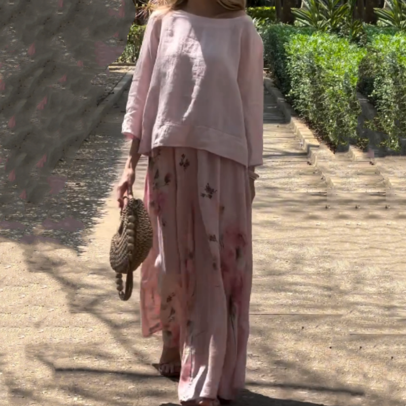 Solid Tops & Floral Wide-Leg Pants Two-Piece Set
