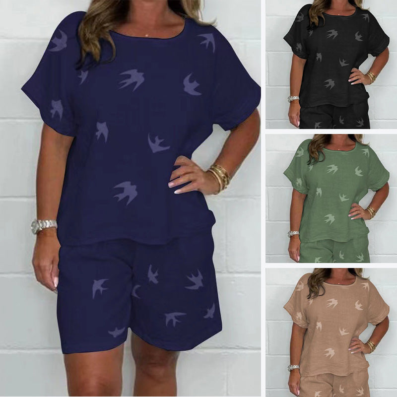 Casual Printed Cotton-Linen Short Sleeve Shorts Set