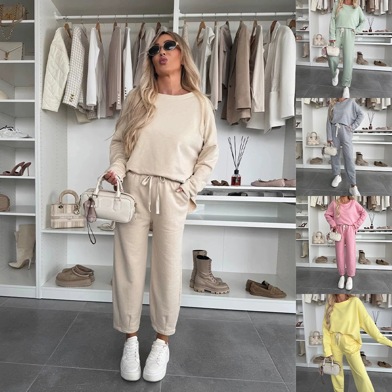 Solid Color Round Neck Top & Loose Pants 2-PCS