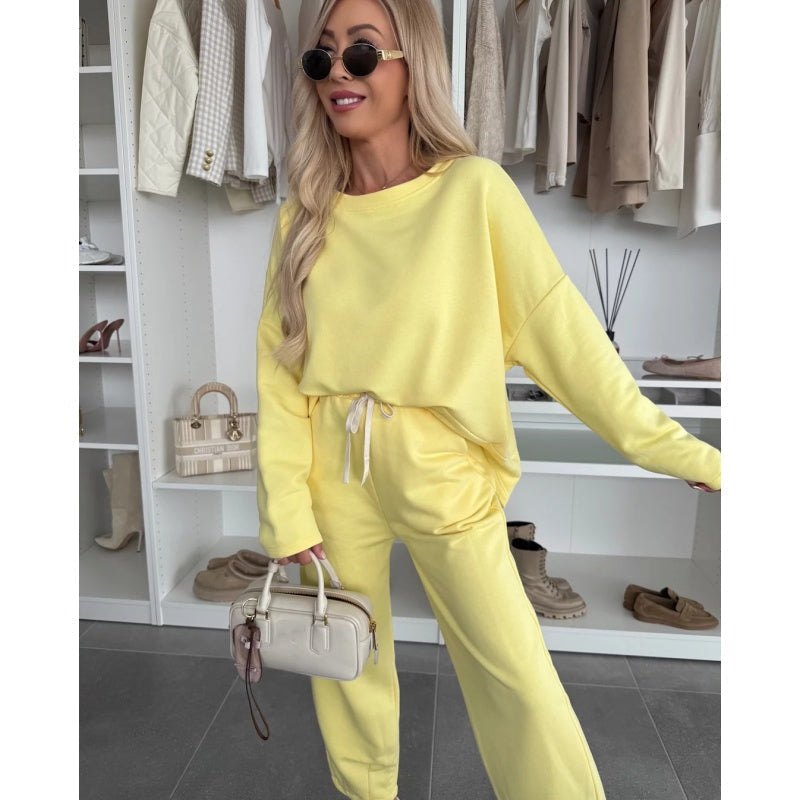 Solid Color Round Neck Top & Loose Pants 2-PCS