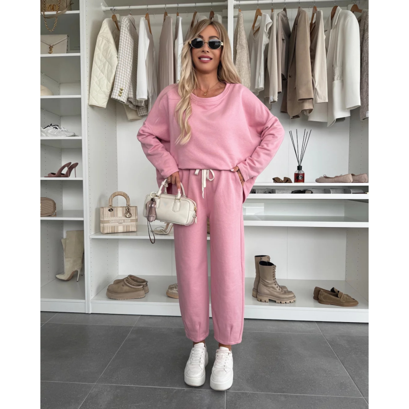 Solid Color Round Neck Top & Loose Pants 2-PCS