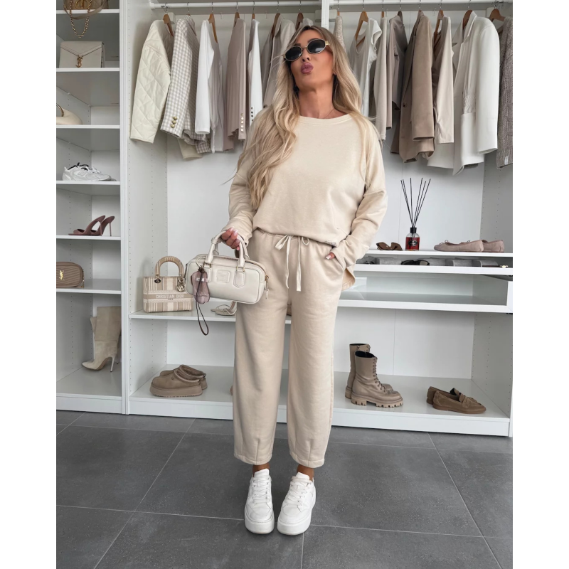 Solid Color Round Neck Top & Loose Pants 2-PCS