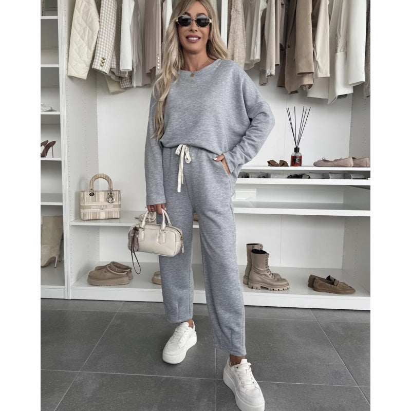Solid Color Round Neck Top & Loose Pants 2-PCS