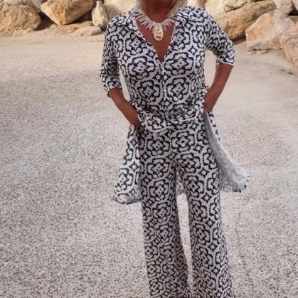 Print Button-Down Shirt & Pants 2-Piece Set