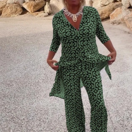 Print Button-Down Shirt & Pants 2-Piece Set