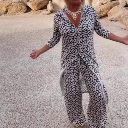 Print Button-Down Shirt & Pants 2-Piece Set