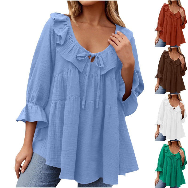 Women's 3/4 Sleeve Tie Front Ruffle Tiered Shirts