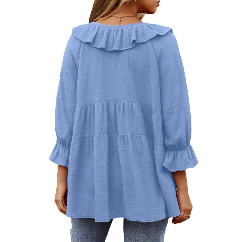 Women's 3/4 Sleeve Tie Front Ruffle Tiered Shirts