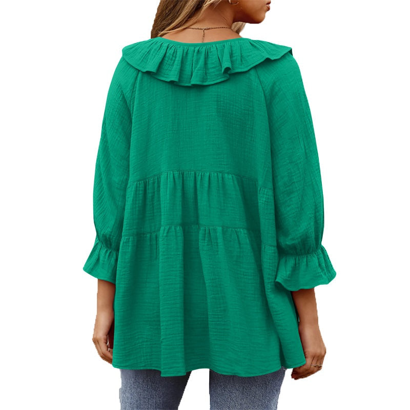 Women's 3/4 Sleeve Tie Front Ruffle Tiered Shirts