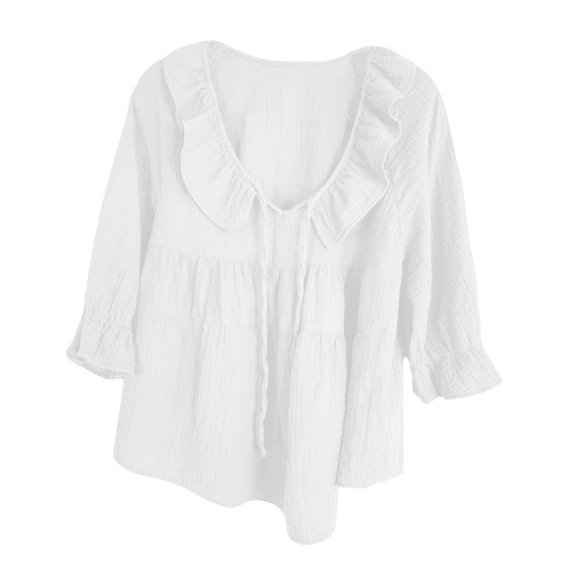Women's 3/4 Sleeve Tie Front Ruffle Tiered Shirts