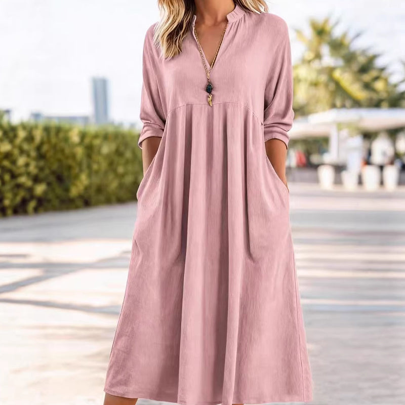 Damen Freizeit V-Ausschnitt Midi Kleid mit Taschen💞