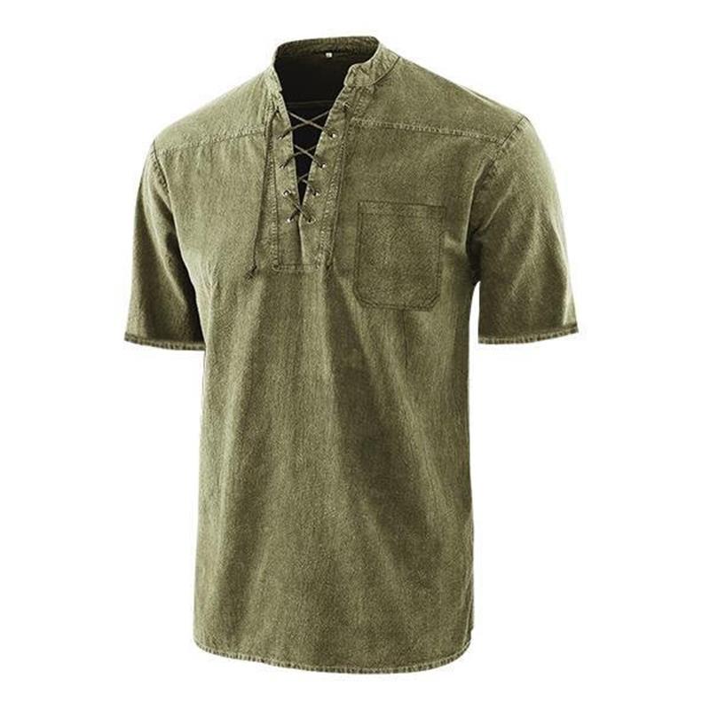 Men Gothic Retro T-Shirt, Lace-up V-neck, Linen Pocket