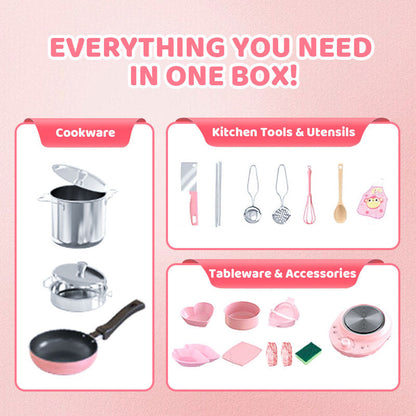 🔥 50% RABATT! 🎁👧🏻 Realistisches Mini-Kochset – Komplettes 22-teiliges Set mit Herd und Küchenutensilien für Kinder | Perfekt als Geschenk 🍳👨‍🍳