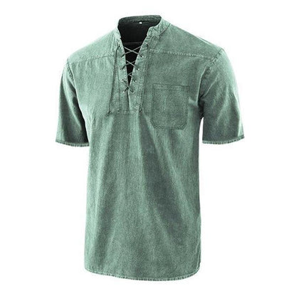 Men Gothic Retro T-Shirt, Lace-up V-neck, Linen Pocket