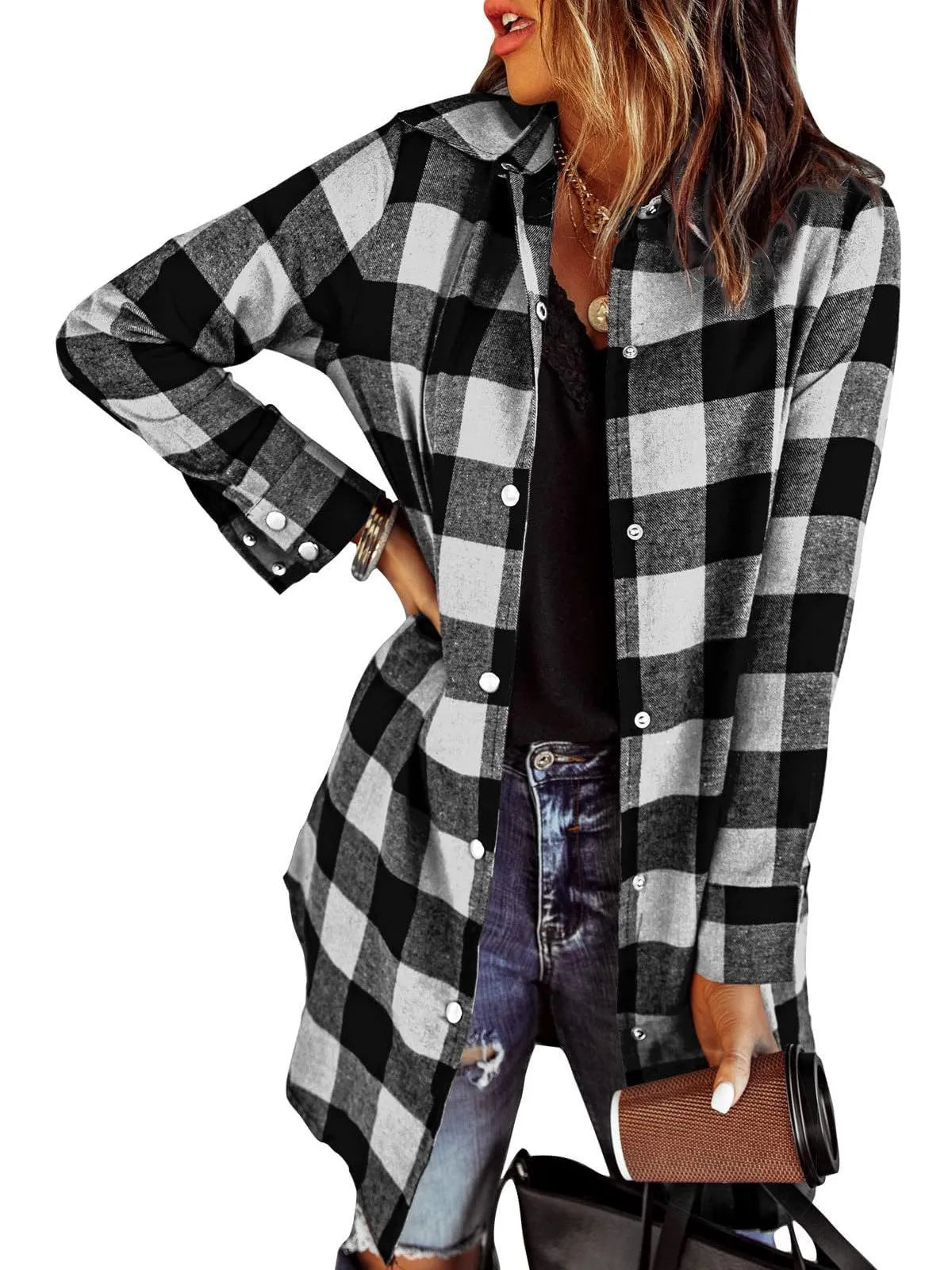 Women’s Plaid Longline Shirt Jacket