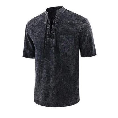 Men Gothic Retro T-Shirt, Lace-up V-neck, Linen Pocket