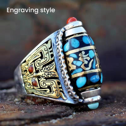 Turquoise Six-character Mantra Nine-eyed Dzi Bead Ring