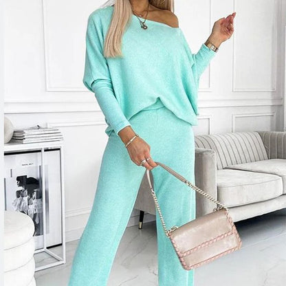 Women's Solid Color Drop Shoulder Pullover and Loose Pants Set