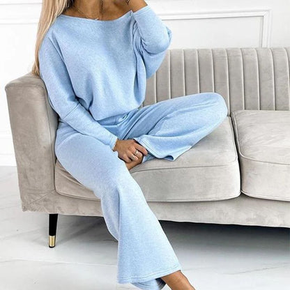 Women's Solid Color Drop Shoulder Pullover and Loose Pants Set