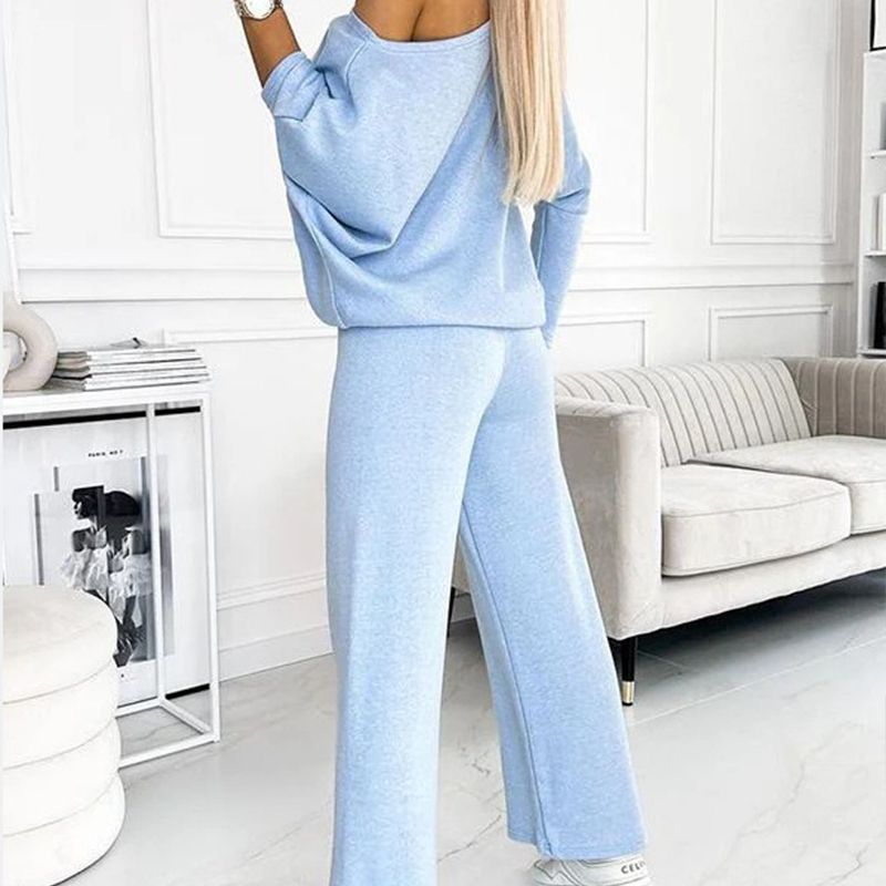 Women's Solid Color Drop Shoulder Pullover and Loose Pants Set