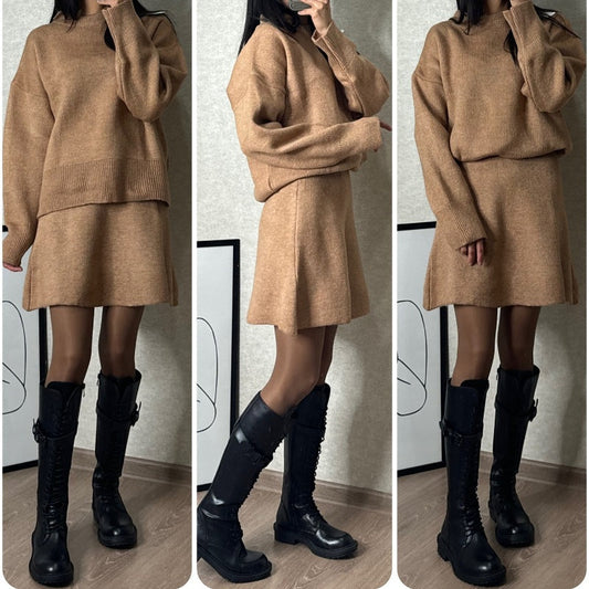 HOT SALE 50%OFF💥 2-Piece Sweater Set: Long-Sleeve Top & Mini Skirt