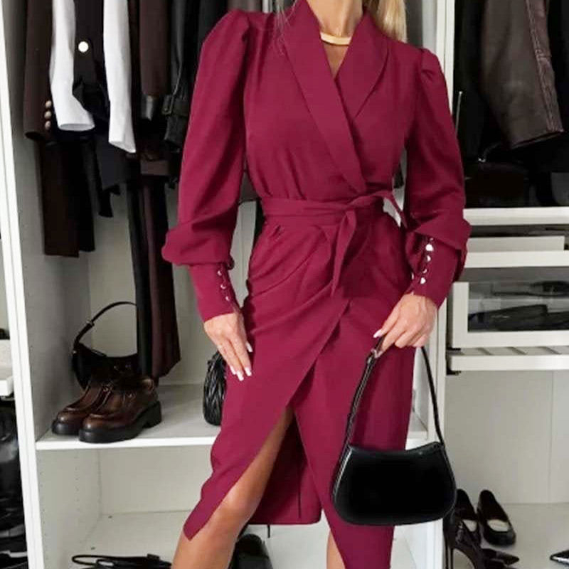 Women's Long-Sleeve V-Neck Tie Waist Split Dress