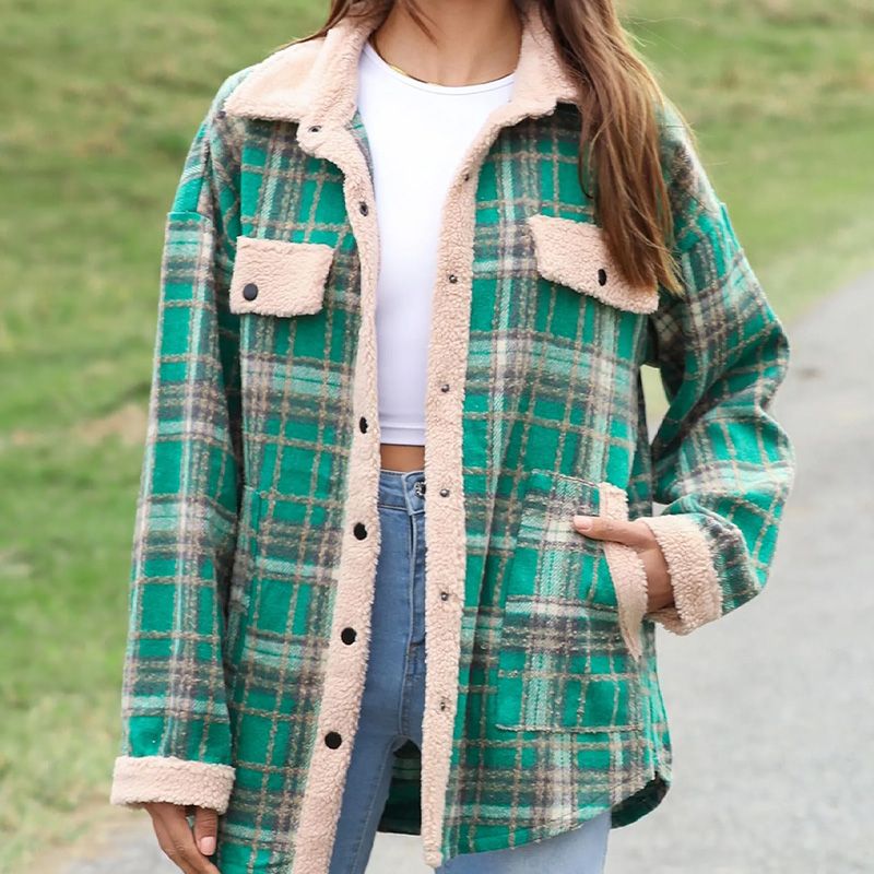 Women’s Casual Sherpa Plaid Long-sleeve Button-down Coat