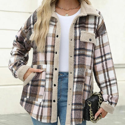 Women’s Casual Sherpa Plaid Long-sleeve Button-down Coat