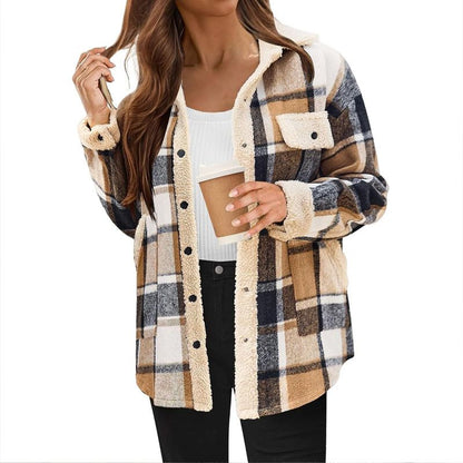 Women’s Casual Sherpa Plaid Long-sleeve Button-down Coat