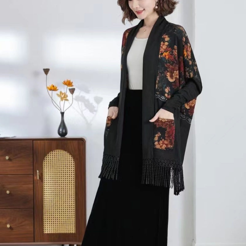 Women's Fringe Open Front Knitted Shawl Coat