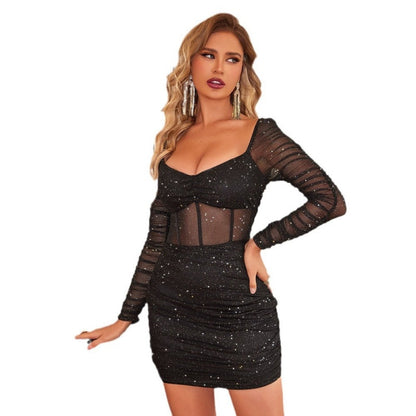 🎅Christmas Pre-sale🎁Women's Sexy Mesh Glitter Long Sleeve Mini Dress