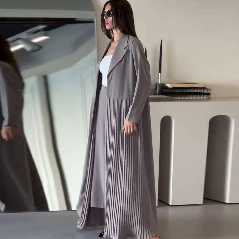 Women’s Chic Notched Lapel Pleated Bottom Maxi Trench Coat And Wide-leg Pants Set