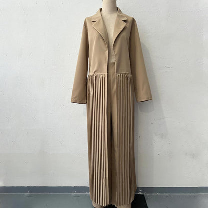 Women’s Chic Notched Lapel Pleated Bottom Maxi Trench Coat And Wide-leg Pants Set