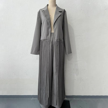 Women’s Chic Notched Lapel Pleated Bottom Maxi Trench Coat And Wide-leg Pants Set