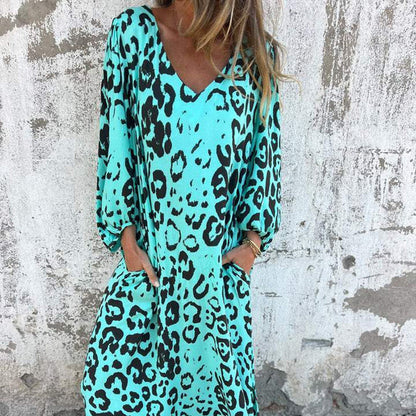 V-Neck Printed Flowy Dress with Pockets