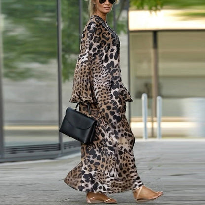 Women's Loose Leopard Print Long Sleeve Dress