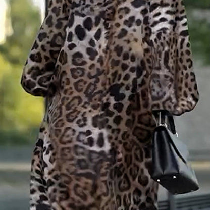 Women's Loose Leopard Print Long Sleeve Dress