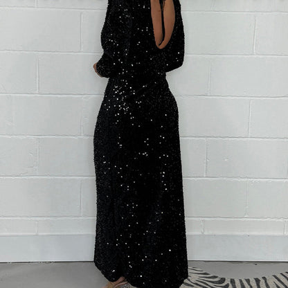 Sparkling Backless Long Sleeve Dress