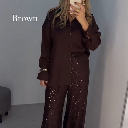 Solid Button-Down Shirt & Sequin Pants 2-Piece Set