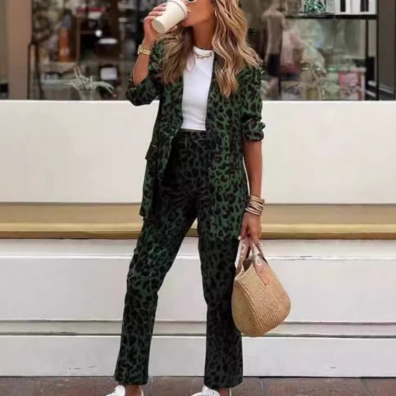 Leopard Print Lapel Long Sleeve Top High Waisted Pants Set